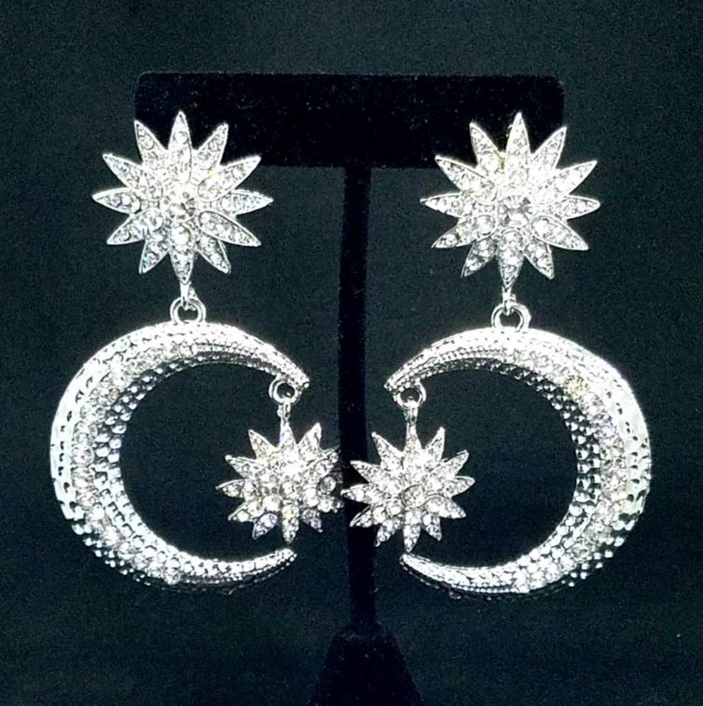 Silver Crescent Moon Dangling Earrings